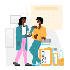 Prevention injection, immunization. Coronavirus infection treatment. The black doctor talks about the importance of vaccination. Vaccination.