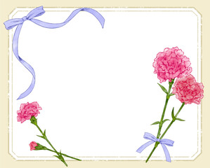 カーネーションの花束とリボンのおしゃれなフレーム素材　花の水彩風手描きイラスト