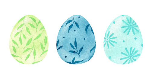 Watercolor set with decorated Easter eggs with floral patterns. Festive design elements isolated on white background. Perfect for your project, cards, invitations, prints, decoration.