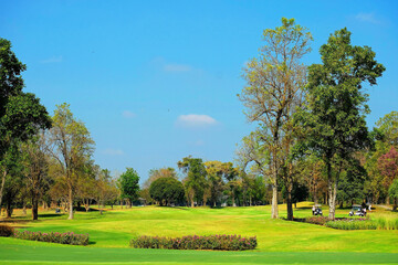 Obraz na płótnie Canvas Landscape of a golf field with greenery trees under blue sky 2