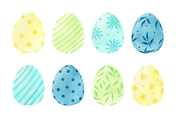Watercolor set with decorated colored Easter eggs. Yellow, blue, green elements with patterns isolated on white background. Festive clipart. Perfect for your project, cards, invitations, prints