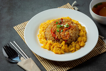 Kimchi fried rice on dark background