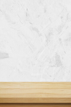 Vertical brown wood table and white cement wall background in kitchen, Wooden shelf, counter for food and product display in room background, Wood table top, desk surface banner, mockup, template