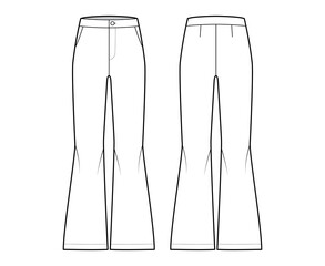 Pants bell-bottom technical fashion illustration with normal waist, high rise, slant pockets, wide legs. Flat bottom trousers apparel template front, back, white color. Women, men, unisex CAD mockup