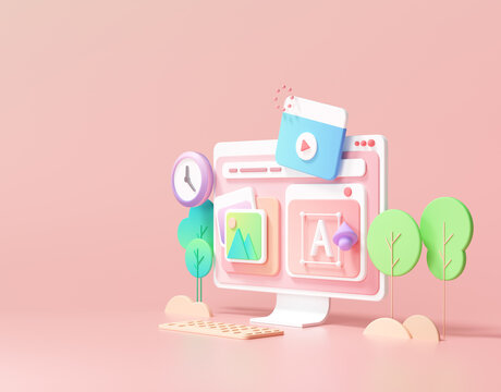 web UI-UX design, web development concept. web building and SEO optimization marketing. 3d render illustration