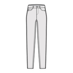 Jeans tapered Denim pants technical fashion illustration with full length, low waist, rise, 5 pockets, Rivets, belt loops. Flat bottom template front, grey color style. Women, men, unisex CAD mockup