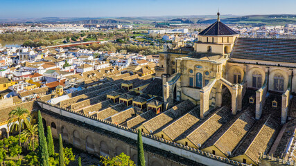 Fototapeta na wymiar View on the Cordoba Mosque Cathedral from the Torre Campanario, the clock tower of Cordoba, in Andalusia, Spain