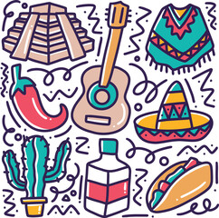 doodle set of mexican holidays hand drawing