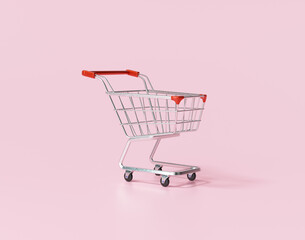 Shop Trolley or shopping cart on pink background concept for online shopping. 3D rendering illustration.