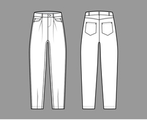 Slouchy Jeans Denim pants technical fashion illustration with full length, low waist, rise, 5 pockets, Rivets, oversized. Flat bottom template front back white color style. Women men unisex CAD mockup