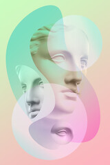 Collage with plaster antique sculpture of human face in a pop art style. Modern creative concept image with ancient statue head. Zine culture. Contemporary art poster. Funky minimalism. Retro design. © Ded Pixto