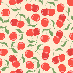 Seamless pattern with cherries and sweet cherries on a pastel yellow background. Vector stock illustration. For wrapping paper design and social media. Cute childish drawing. Hand-drawn style.