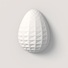 Easter concept. One white egg with geometric original changing patterns on the surface on a white background. Square composition. 3d illustration