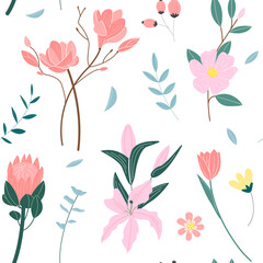 pattern from wild and garden blooming flowers isolated on white background. Vector flat cartoon illustration.