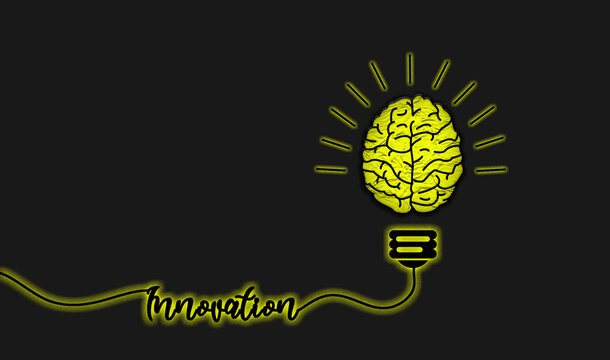 Innovation Brain Bulb. glowing Mind of energy in light bulb shape. innovation concept. Creative Idea Flat, copy space, grey background 