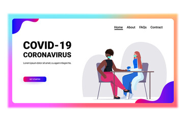doctor in mask taking blood sample of african american woman patient on rapid test fight against coronavirus concept horizontal full length vector illustration