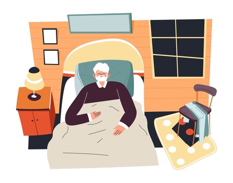 Senior man sleeping in bed, interior of bedroom