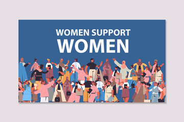 mix race girls standing together female empowerment movement women's supporting each other union of feminists concept horizontal portrait vector illustration