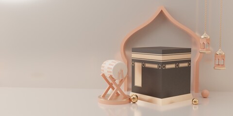 3d rendering mecca pilgrimage kaaba Eid al fitr or ramadan sale banner social media post template flat illustration Premium Image