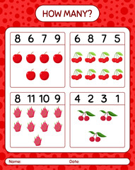 How many counting game apple, cherry, dragonfruit, indian prune. worksheet for preschool kids, kids activity sheet, printable worksheet