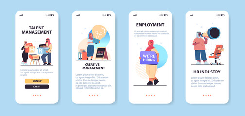set arab hr managers vacancy open recruitment human resources creative management concept smartphone screens collection horizontal copy space full length vector illustration