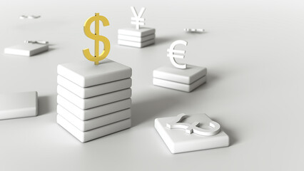 Gilded dollar symbol stands on a pedestal surrounded by symbols of other currencies on a neutral gray background. Finance concept. Rendering 3D