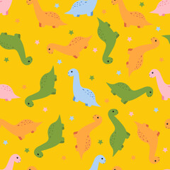 Seamless pattern with cute kawaii dinosaur. Vector illustration.	