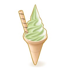 Ice cream cone, a digital painting of matcha green tea and vanilla soft-served with waffle cone isometric cartoon icon raster 3D illustration on white background.