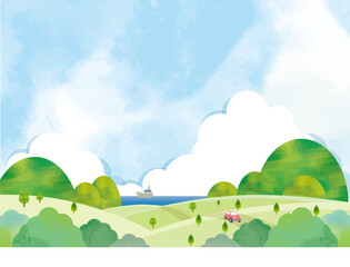 Obraz premium 水彩風海と山の背景素材