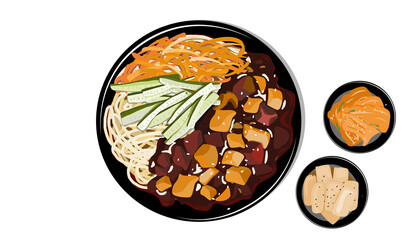 Jajangmyeon or jjajangmyeon  Chinese-style Korean noodle with thick sauce made from chunjang, vegetables and diced pork on white background with side dish. Isolated asian food vector illustration.
