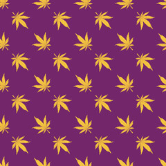 Fototapeta na wymiar Cannabis seamless pattern. Yellow hemp leaves on a purple background. Marijuana pattern vector illustration