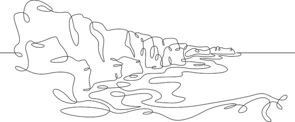 Coastal landscape. Rocks and mountains by the sea. Panoramic view of the coastline with the bay. One continuous drawing line  logo single hand drawn art doodle isolated minimal illustration.