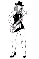 Elegant charming woman in a hat plays the saxophone.