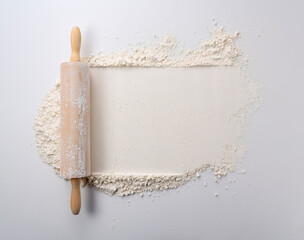 A rolling pin rolled over flour on a white background.