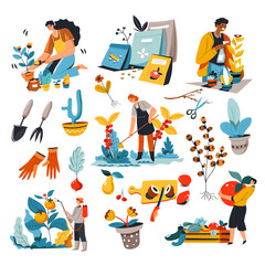 Gardening hobby of men and woman, plants growth
