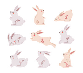 Pastel Easter rabbit or bunny kids clipart set, boho Easter animals bundle, cute baby bunny isolated elements on white, cartoon vector illustration set