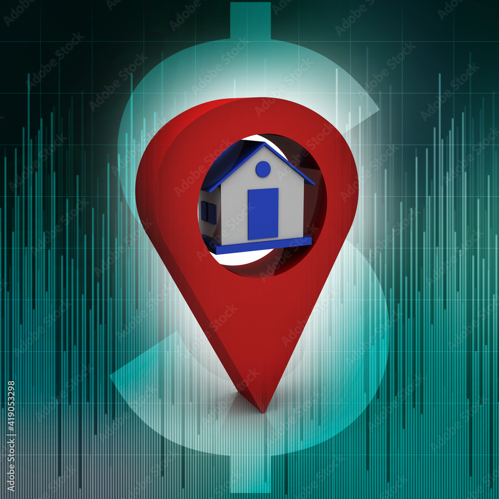 Poster 3d illustration search for property.a map with large red gps pointer containing