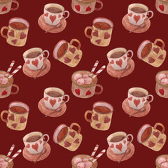 Seamless pattern with coffee and coffee mugs on a brown background. The illustration is drawn in watercolor.