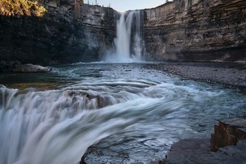 Double waterfall in Bighorn Canyon. Canadian Rockies. White water of Bighorn river in Alberta. Canada 