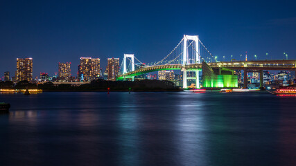 Fototapeta na wymiar A long exposure image of a Rainbow bridge viewed from Odaiba island in Tokyo, Japan