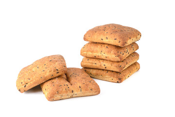 Oatmeal bread with flax seeds is isolated on a white background.Selective focus.