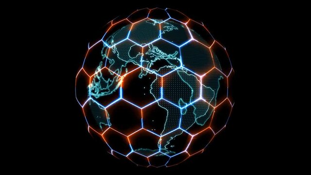 Hexagon and red blue laser futuristic digital connection and earth map with latitude longitude scanning