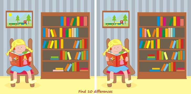 Find ten differences, girl in the library, vector illustration