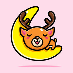 vector design of cute cartoon animal deer sleeping hugging crescent moon
