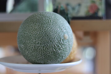 Blur the vintage photo of fake melon on a tile plate, Portrait photo.