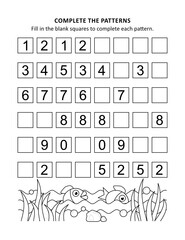 Educational math activity sheet and coloring page for kids to learn and practice basic skills of recognising patterns and numbers 
