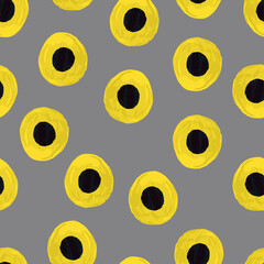 Vector seamless pattern with yellow and black spots of acrylic paint on gray background