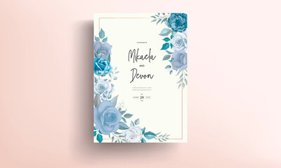 Modern wedding invitation card with blue flowers 