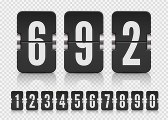 Set of black flip numbers on a mechanical score board with reflection on transparent background. Vector template for your design.