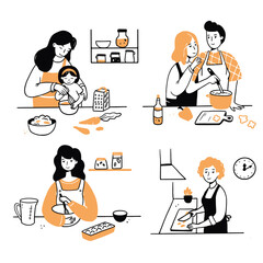 Hand drawn set of cooking people character. Smiling young woman, mom with child, couple cook together. Doodle sketch style illustration. Concept of home prepare dish, dinner on the kitchen.